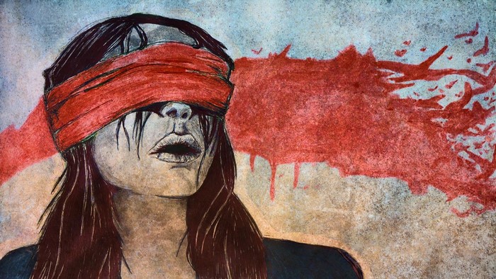 Painting of a blindfolded woman with red paint splatters