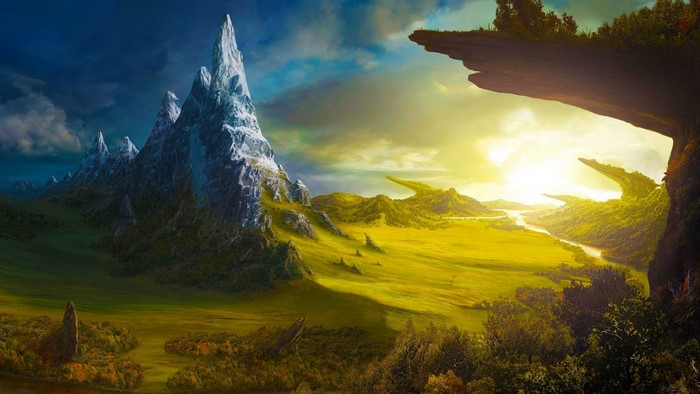 Fantasy landscape with snow-capped mountains and a river valley