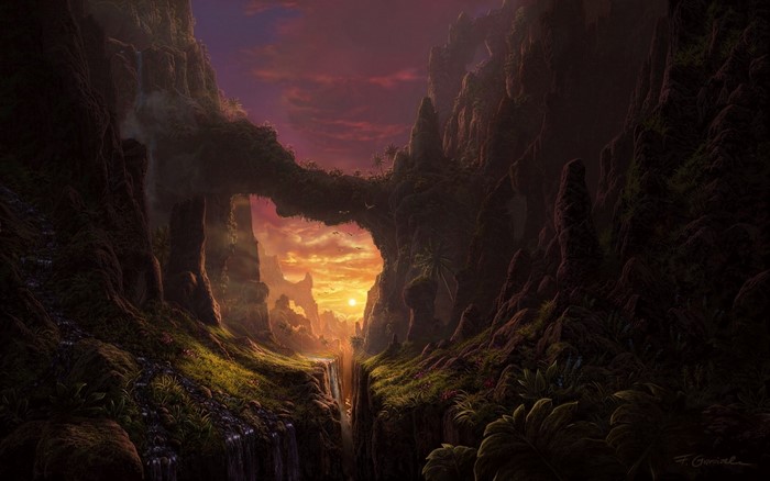 Fantasy landscape with a natural bridge and sunset