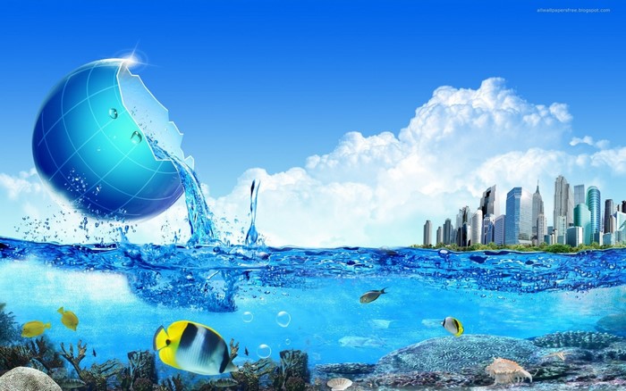 Digital art of a globe pouring water into an underwater cityscape
