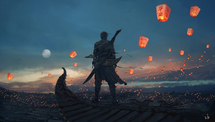 Warrior watching sky lanterns at dusk