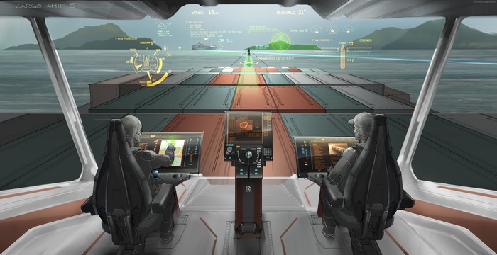 Futuristic Cargo Ship Bridge with Crew and Navigation Displays