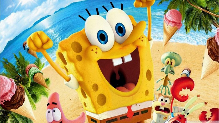 SpongeBob SquarePants characters on a beach with ice cream