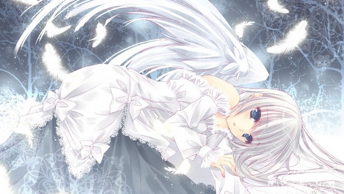Anime girl with white wings and dress in snowy forest