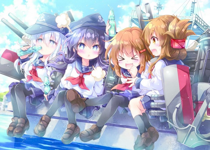 Four anime girls from Kantai Collection drinking soda