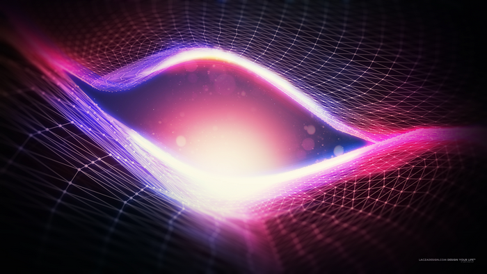 Abstract glowing digital grid wave with bokeh and lens flare