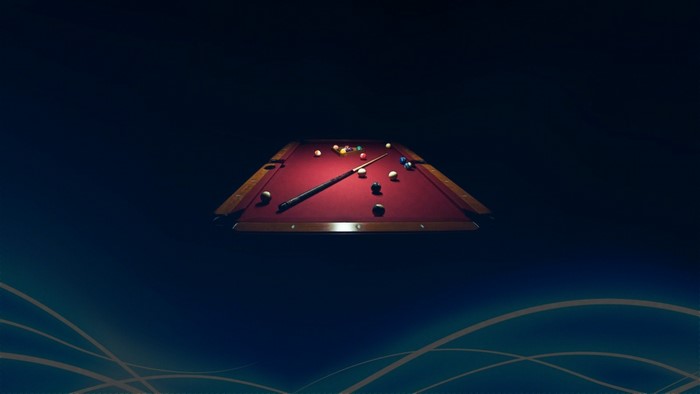 Billiard table with balls and cue stick