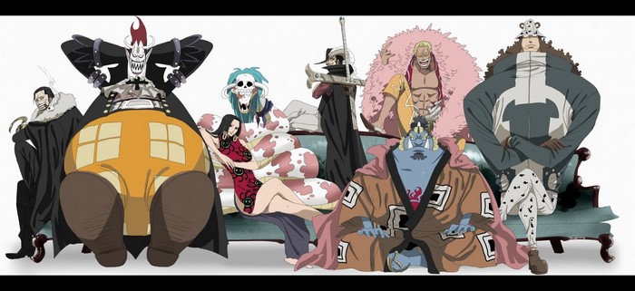 One Piece Shichibukai characters sitting on a couch