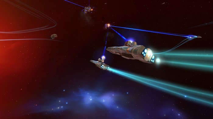 Spaceships in battle with blue lasers in outer space
