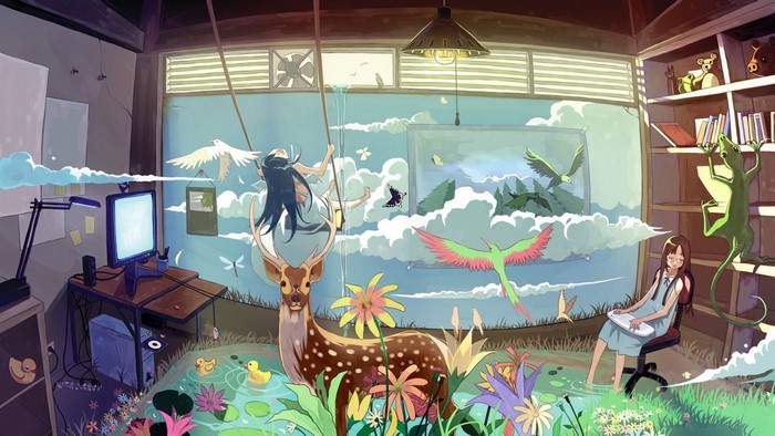 Anime girl on swing with deer and birds in surreal room