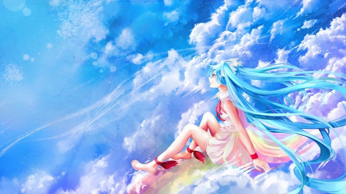 Hatsune Miku sitting on a rainbow in the clouds