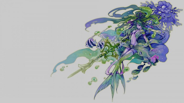 Anime girl with flowing green hair and a trident