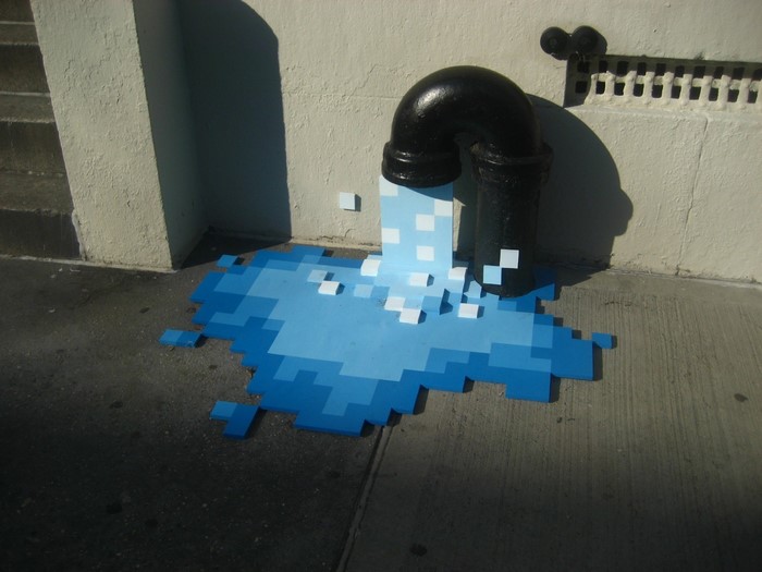 Pixel art water spilling from a pipe onto a sidewalk