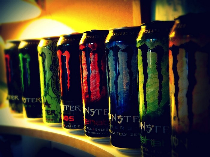 Row of Monster Energy cans