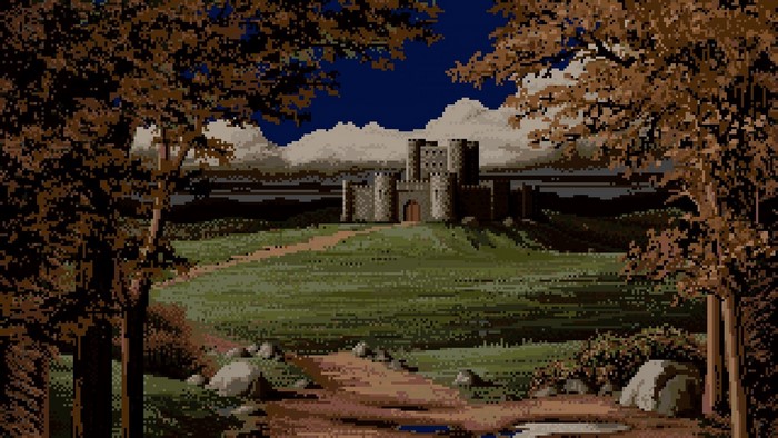 Pixel art landscape with a castle on a hill