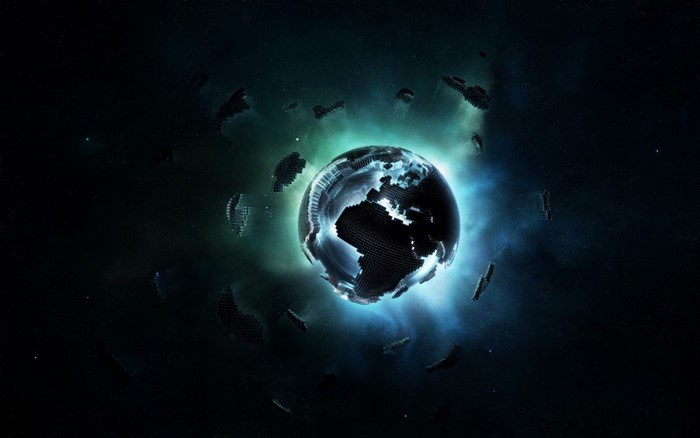 Digital art of a fragmented Earth in space