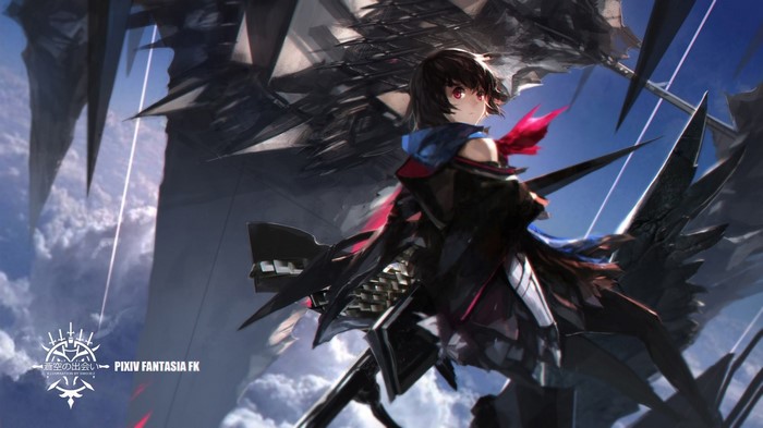 Anime girl with short hair and mechanical wings in the sky
