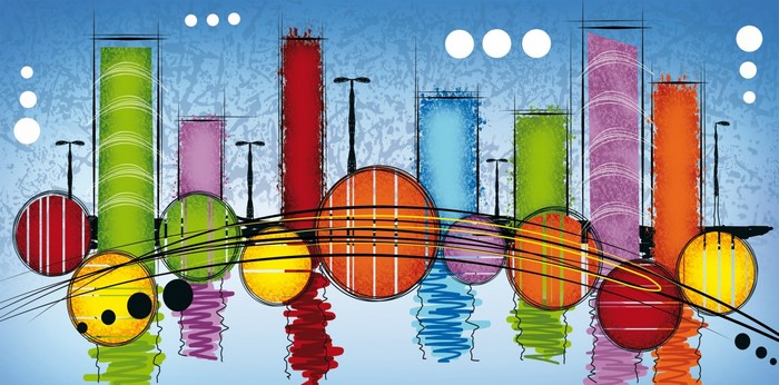Abstract colorful cityscape with reflections and circles
