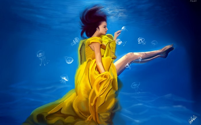 Woman in yellow dress underwater with jellyfish