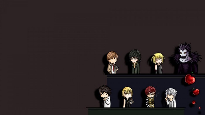 Chibi characters from Death Note with Ryuk and apples