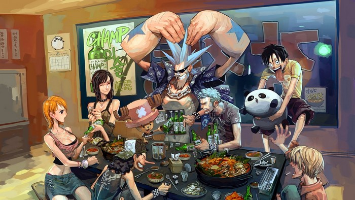 One Piece characters at a bar with food and drinks