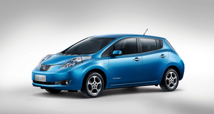 Blue Nissan LEAF electric car side view
