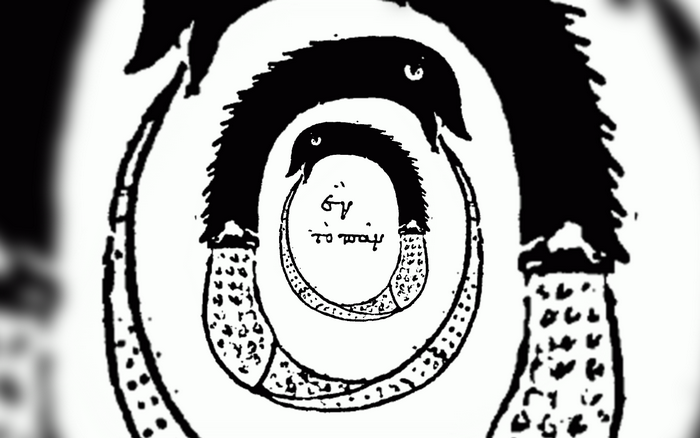 Ouroboros illustration with birds and text