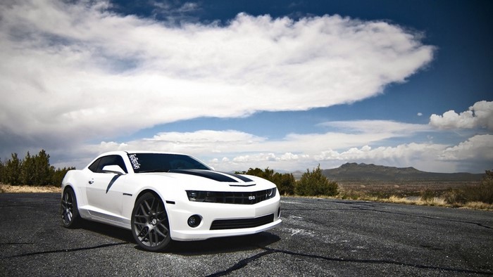 White Chevrolet Camaro SS parked on a road