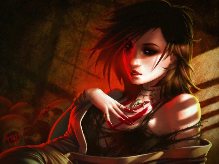Fantasy art of a woman with skulls