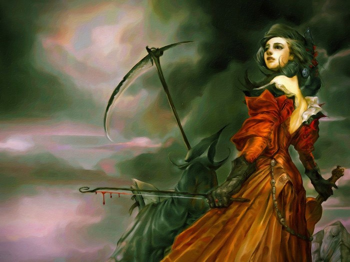 Woman in orange dress with scythe and sword