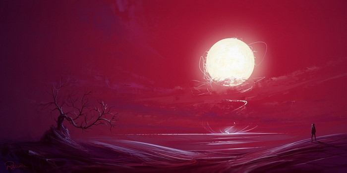 Fantasy art of a surreal landscape with a large sun
