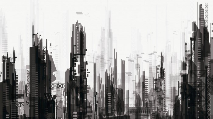 Monochrome futuristic cityscape with towering skyscrapers
