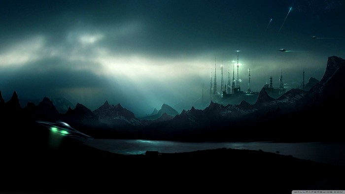 Sci-fi landscape with alien city and UFOs at night