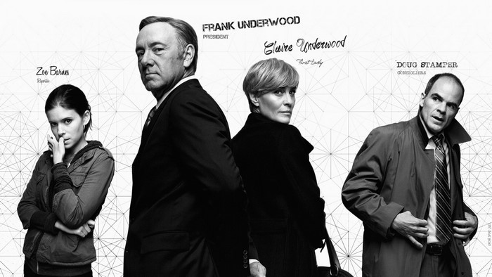 Zoe Barnes, Frank Underwood, Claire Underwood, and Doug Stamper from House of Cards