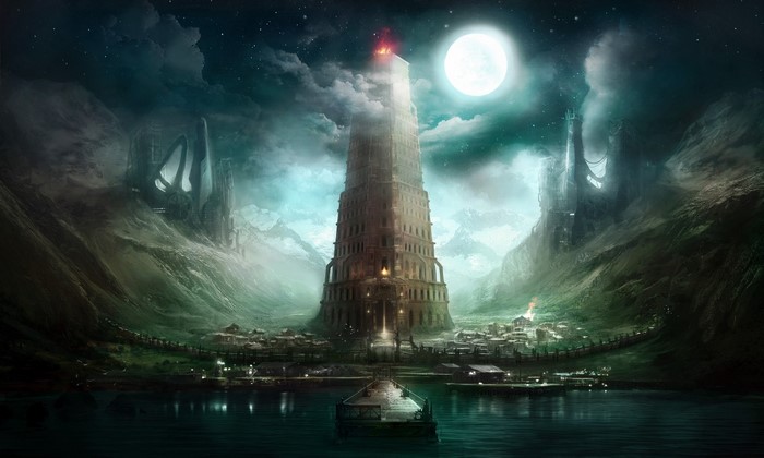 Fantasy tower by moonlight with futuristic structures
