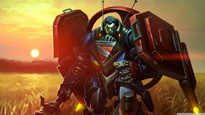 Robot with Superman symbol in a field at sunset