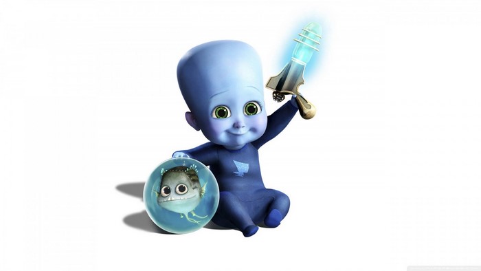 Baby Megamind from Megamind holding a toy gun and shield