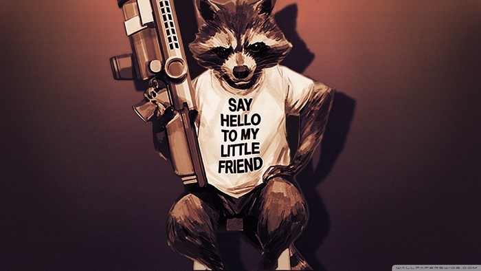 Rocket Raccoon from Guardians of the Galaxy with a gun