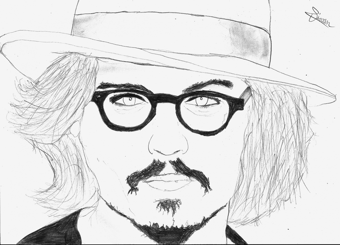 Drawing of Johnny Depp wearing a hat and glasses