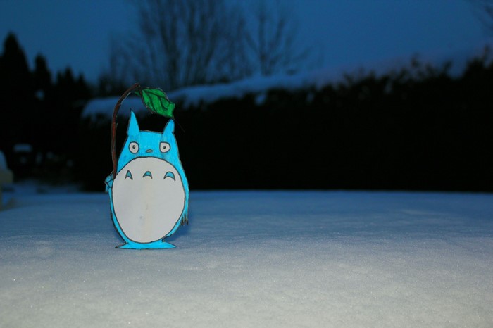 Totoro holding a leaf in the snow at dusk