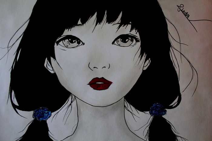 Anime girl with black hair and red lips