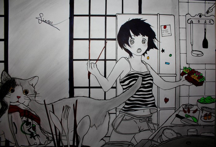 Anime girl and cat in a kitchen