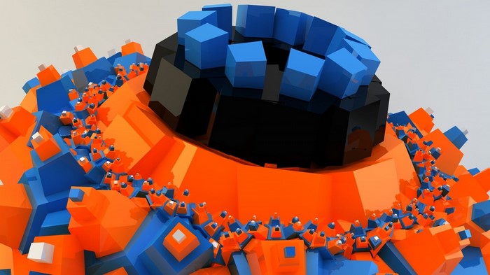 Abstract 3D fractal art with blue and orange cubes