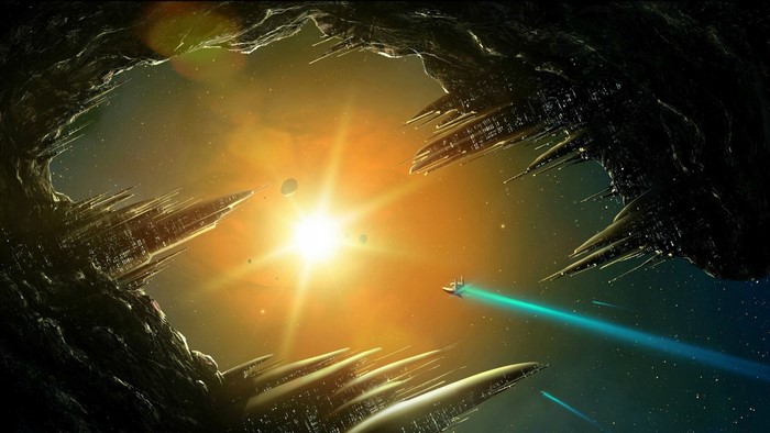 Spaceships near a bright sun in outer space
