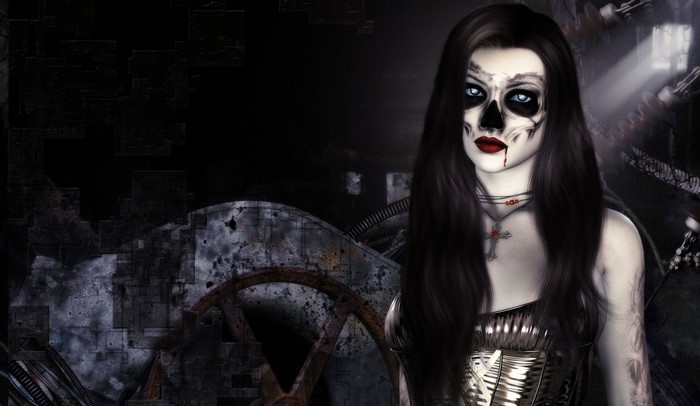 Woman with skull face paint and gothic attire