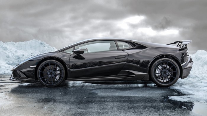 Black Mansory Lamborghini Huracan on icy terrain