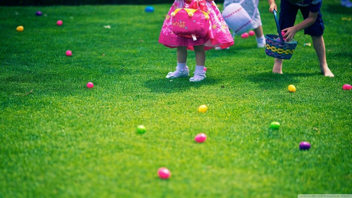 Children Easter egg hunt on a grassy lawn