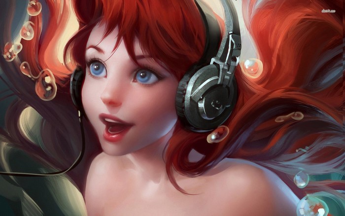 Ariel from The Little Mermaid wearing headphones