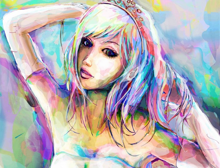 Anime girl with colorful hair and tiara