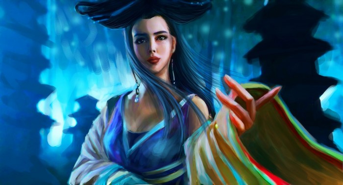 Illustration of a woman in blue and white robes